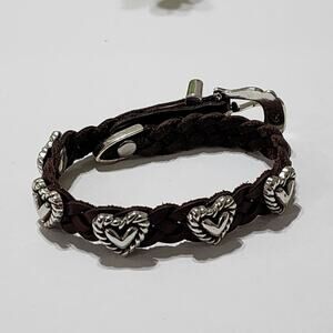Brighton Braided Leather Heart Charm Bracelet Brown Silver Western Buckle 97473